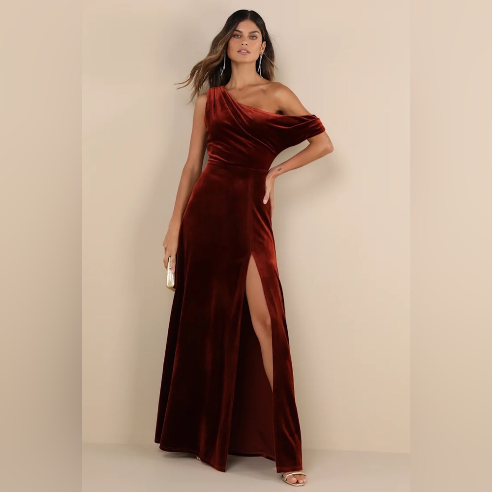 Lulus Coveted Confidence Rust Orange Velvet Asymmetrical Maxi Dress